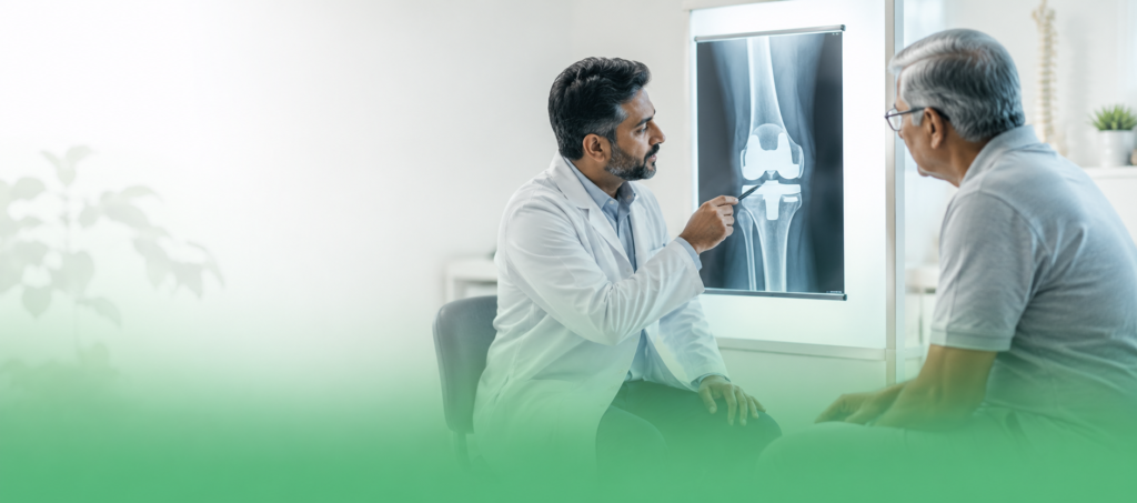 Orthopaedic doctor explaining total knee replacement in Delhi using knee X-ray