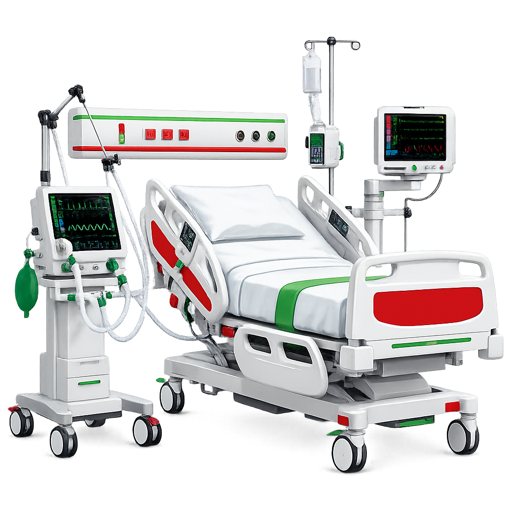 ICU hospital bed with ventilator, monitor and critical care equipment
