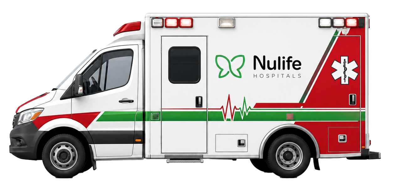 Nulife Hospitals ambulance with emergency branding in red and green