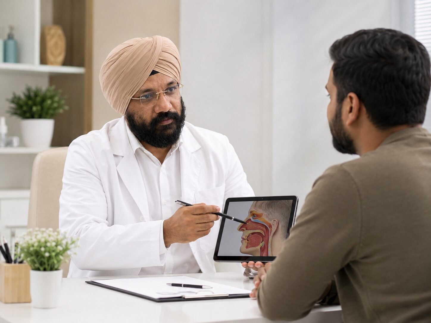 ENT doctor discussing nasal allergy and sinus symptoms with a patient