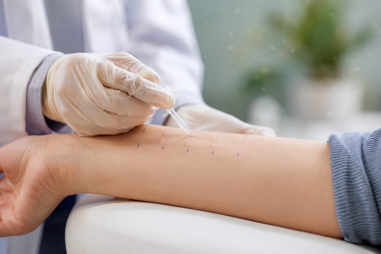 Skin prick allergy test being performed on a patient’s forearm